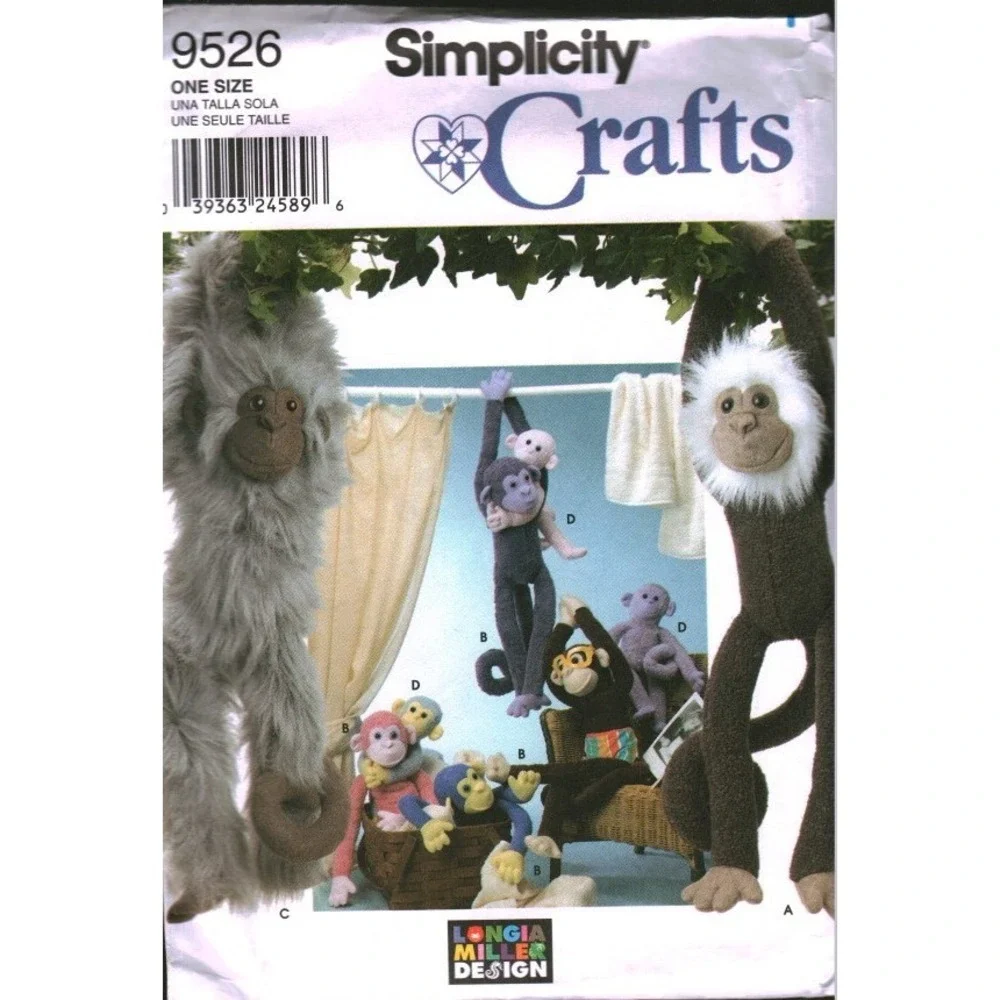 Simplicity 9526 Stuffed Monkey Sewing Pattern Longia Miller Design 26 & 15 Inch